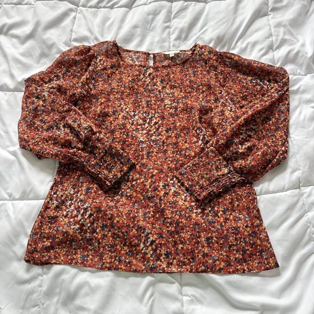 Chenault Womens‎ Size Medium Blouse Long Sleeve Red Floral High Neck Lightweight